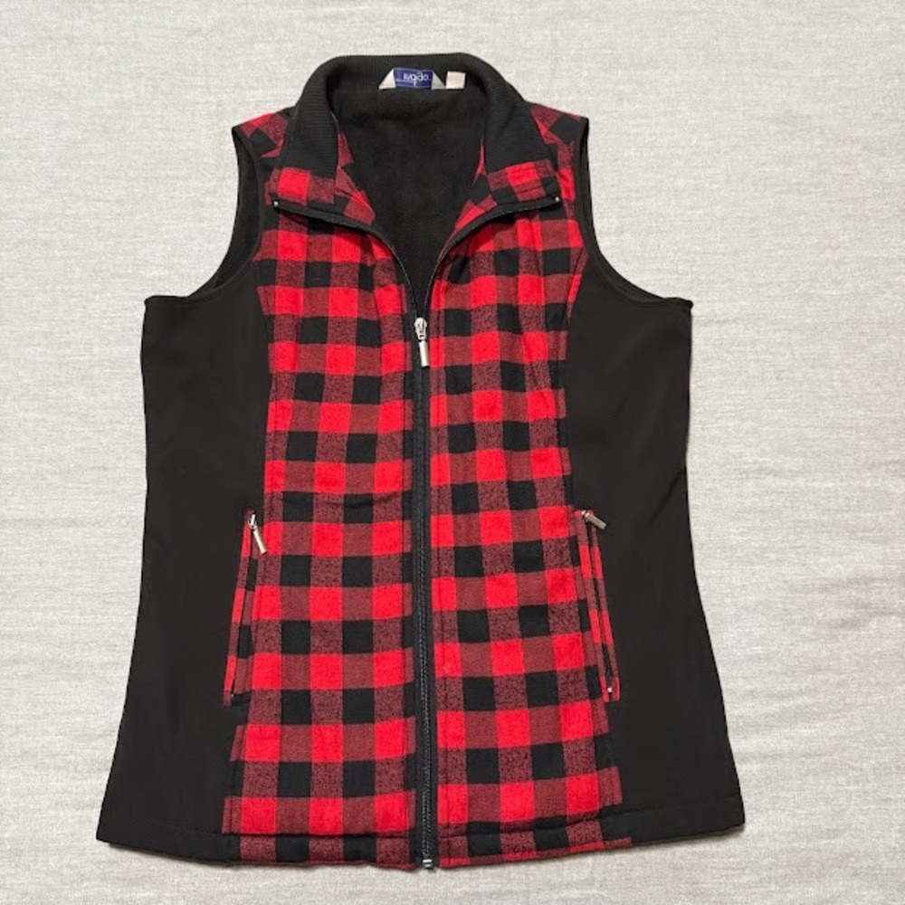 Indigo Red Buffalo Plaid Fleece Lined Vest Womens Size S Zip Up Pockets